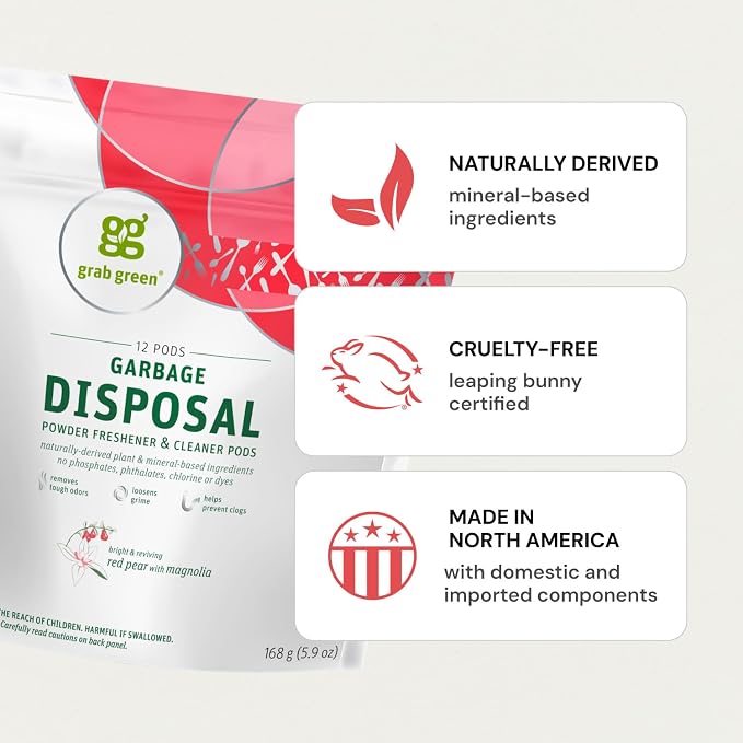 Grab Green Natural Garbage Disposal Cleaner, Deoderizer & Freshener Pods, Red Pear + Magnoliea—with Essential Oils, 12 Pods, Plant & Mineral-Based Ingredients
