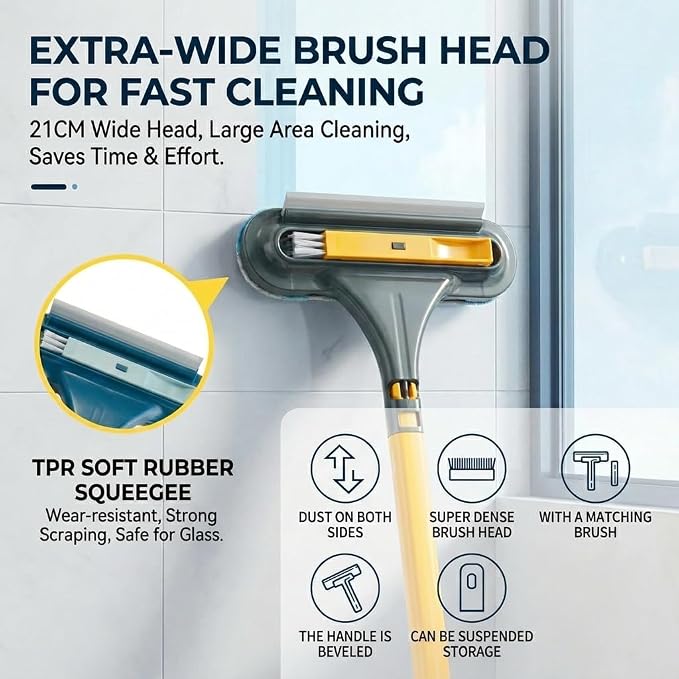 3 in 1 Window Squeegee for Home, 2-Way Brush Window Cleaning Tool with TPR Soft Rubber Squeegee for Cleaning Screens, Glass & Window Tracks