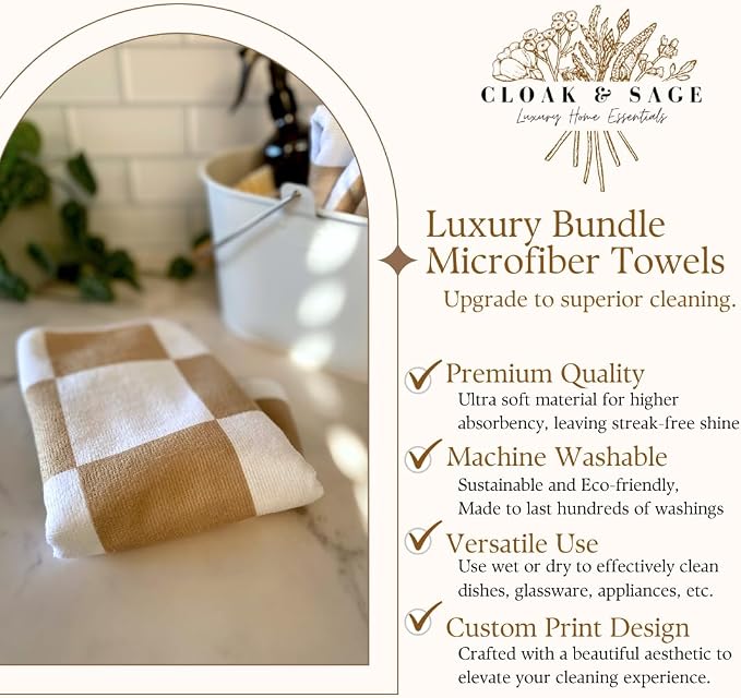 Microfiber Cleaning Cloths 13x13 – Lint-Free, Streak-Free Reusable Towels for Kitchen, Glass, Bathroom & Car | Cloak & Sage