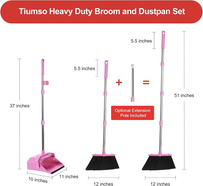 Tiumso Broom with Dustpan Combo Set, 51'' Broom and Dustpan Set, Brooms and Dust Pan with Handle, Brooms with Standing Dustpans, House Broom for Pets Hair and Floor Cleaning - Pink