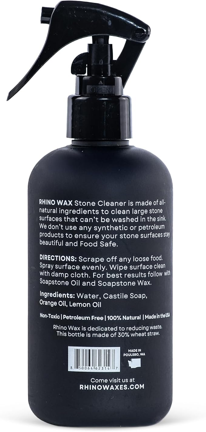 Rhino Wax Soapstone Spray Cleaner - Safely Clean Soap Stone, Slate, Granite, Quartz, Marble, Concrete - Food Safe - Natural Ingredients - Fresh Orange & Lemon Scent Neutralizes Odors - Made in USA
