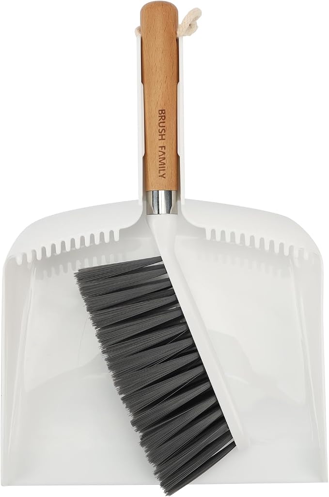 Small Broom and Dustpan Set, Multipurpose Dustpan and Brush Set with Wood Handle Teeth,13 x 8.7 inch, Hangable Portable Cleaning for Kitchen, Desktops, Bedroom, Pet Care, Camping, White,1 Set