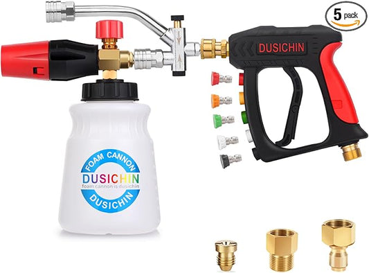 Short Wand Pressure Washer Gun Foam Cannon 1/4" Quick Connector Pressure Washer Accessory,Car Wash Foam Gun Dual Ended Shift Connector 5 Pressure Washer Nozzles M22-14, M22-15 Brass Fittings