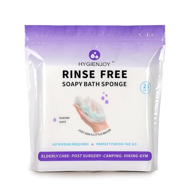 HYGIENJOY-21% Larger Rinse Free Bath Sponges for Adults-Disposable No Rinse Bathing Wipes-Soap Infused,Dry Shower Wipes for Elderly,Camping,Post Surgery Must Haves,(Lavender 25 Counts）