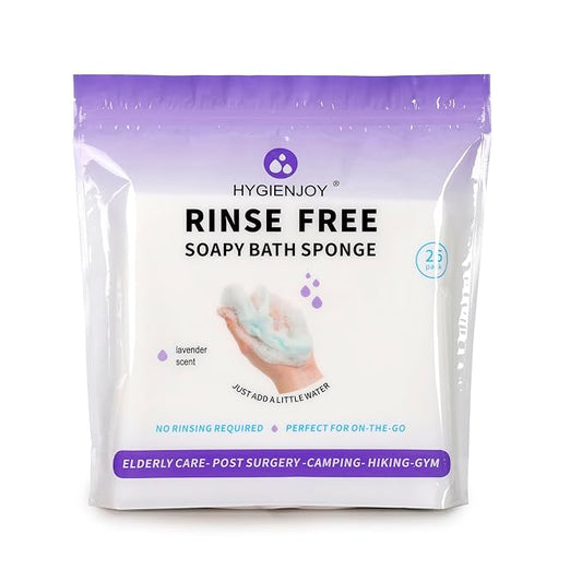 HYGIENJOY-21% Larger Rinse Free Bath Sponges for Adults-Disposable No Rinse Bathing Wipes-Soap Infused,Dry Shower Wipes for Elderly,Camping,Post Surgery Must Haves,(Lavender 25 Counts）