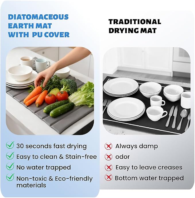 Large Stone Dish Drying Mat for Kitchen Counter, Quick-Dry Diatomaceous Earth Mat with PU Cover & Waterproof Bottom, Foldable Absorbent Drying Stone for Dishes, Cups and Bottles(25.2'' × 16.1'')