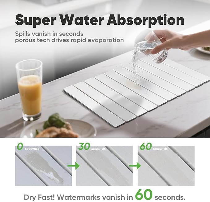 Stone Drying Mat for Kitchen Counter, Quick Diatomaceous Earth Mats for Dishes, 24"L x 16" W Super Absorbent Fast-Drying Collapsible Countertop Stone Mat (White, 24" x 16")