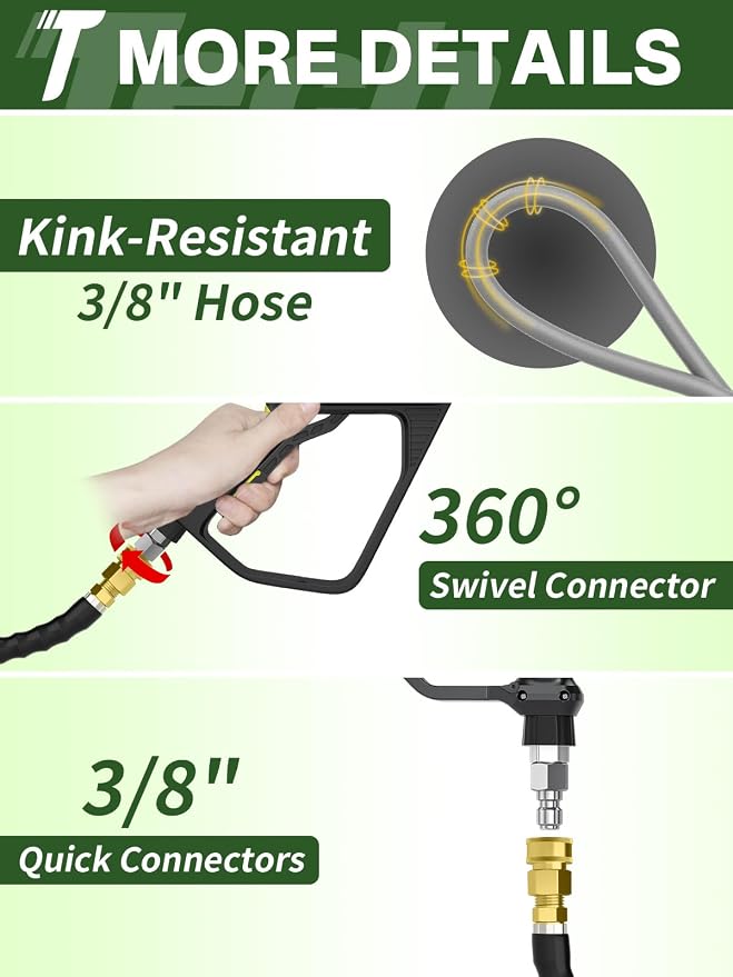 3/8" 4800PSI Pressure Washer Hose 25FT Swivel Quick Connect | Power Washer Hose for Cold/Hot Water Max 248°F, Kink Resistant Steel Wire Braided, Wear Resistant with M22 14mm Adapter