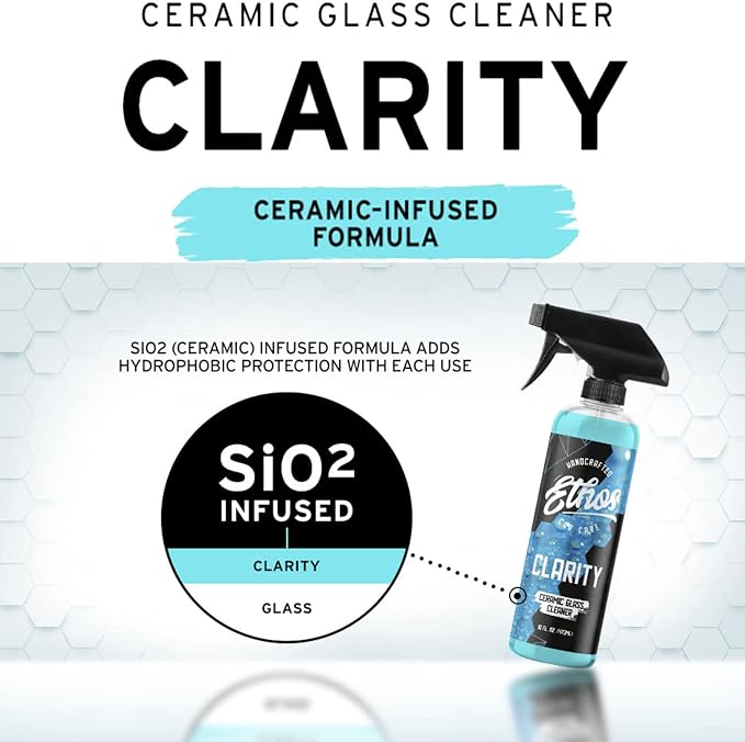 Ethos Clarity V2 – Ceramic Glass Cleaner & Windshield Water Repellent | Streak-Free Auto Glass Cleaner for Car Windows, Mirrors & Tinted Glass | Hydrophobic Protection