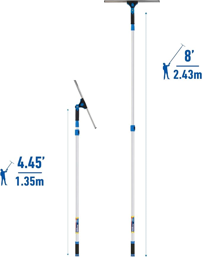 Unger Professional Connect and Clean 18” Grip Swivel Window, Glass Squeegee, and 8’ Pole, 180-Degree Pivoting Handle with Lock, Cleaning Supplies for Streak-Free Results