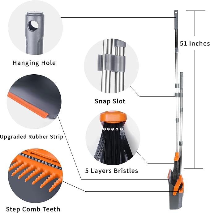 Broom and Dustpan Set for Home, 51" Long Handle Standing Pan Grey Orange | Self-Cleaning Dust Pan and Brooms, ZeroGap Lip, Upright Storage Broom Combo for Kitchen Lobby Office Restaurant Indoor