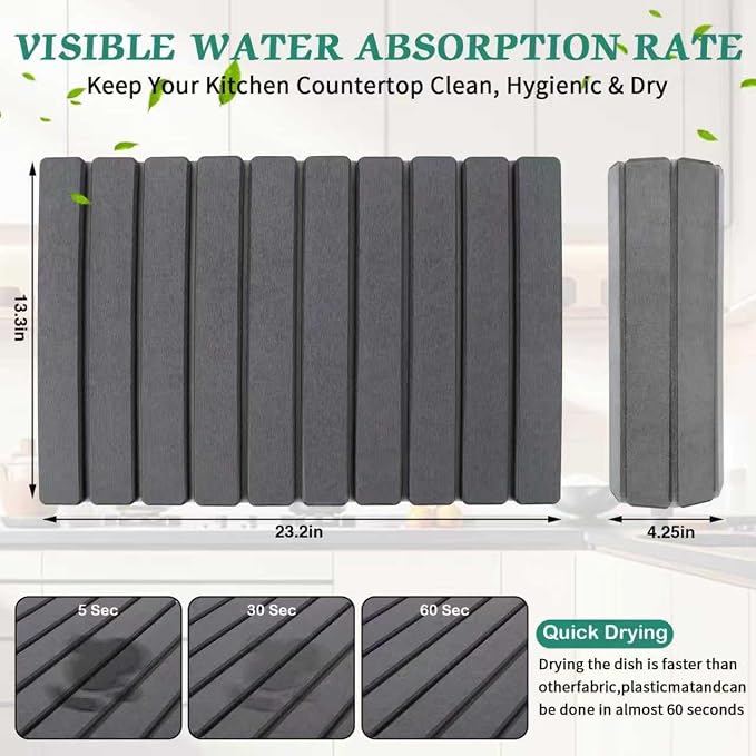 Stone Dish Drying Mat for Kitchen Counter, 24''×15'' Dishes Drying Matt Kitchen Counter, Absorbent Diatomaceous Earth Bath Quick Dry Mats for Tableware, Bottles and Cup(Dark Grey)