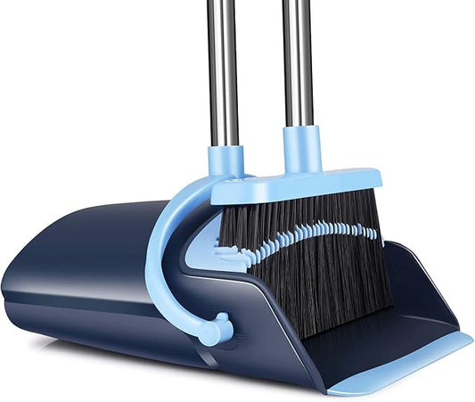 Broom and Dustpan Set 52-in Long Adjustable Handle Broom Dustpan Combo | Upright Dustpan with Teeth to Automatically Clean Hair, Suitable for Home Kitchen Office Hall Floor Garden Lobby (Blue)