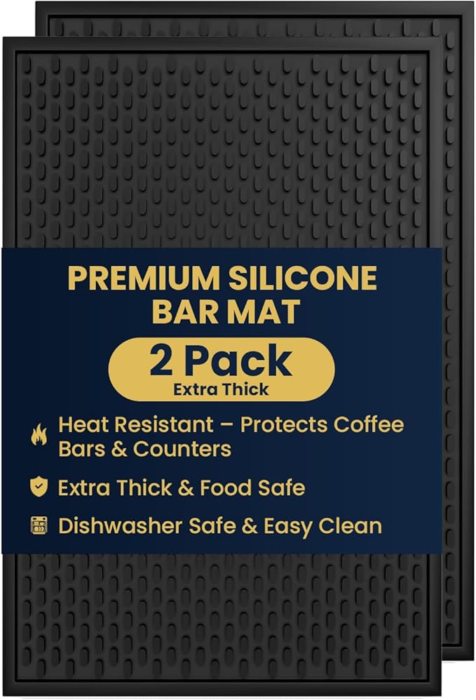 AXIESO 2 Pack Silicone Bar Mat - 1/2 Inch Thick Heat-Resistant and Food Safe Drip Mat - Spill Mats for Counter Top - Kitchen Service Mat, Coffee Bar, Restaurant - Drying Mat - 18 x 12 Inches