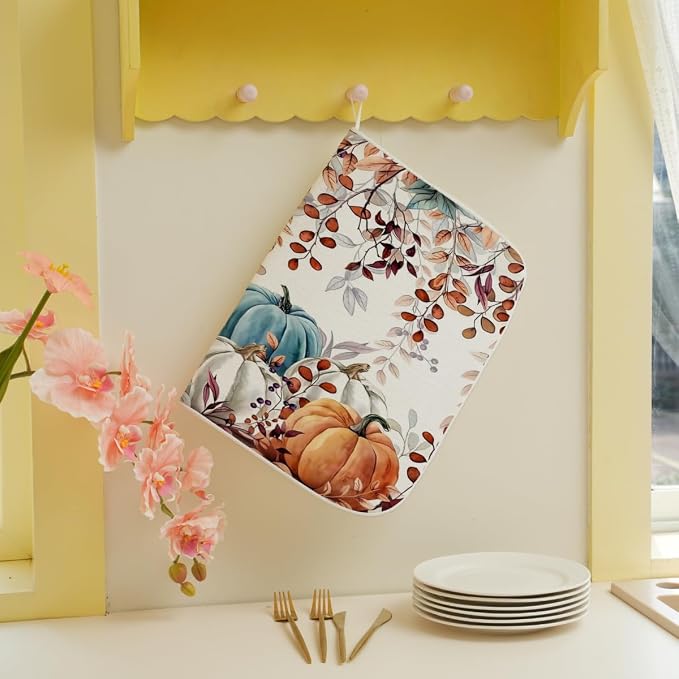 Fall Dish Drying Mat 18 x 24 Inch Autumn Maple Leaf Pumpkin Drying Mat for Kitchen Counter Absorbent Farmhouse Harvest Thanksgiving Dishes Dry Pad for Drainer Rack Kitchen Fast Dry