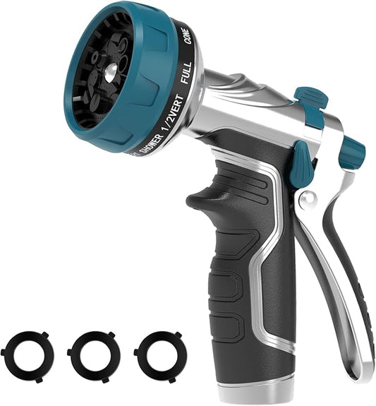 Garden Hose Nozzle, Heavy Duty Metal Water Hose Nozzle with 8 Adjustable Spray Patterns, High Pressure Hand Sprayer with Flow Control for for Garden Watering, Car & Pet Washing