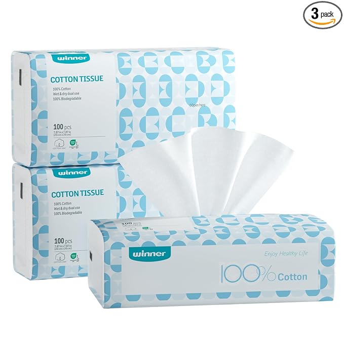 Winner Softer Face Towels, 100% USDA Biobased Facial Towels, Unscented Cotton Tissues for Sensitive Skin, OEKO-TEX Certified Face Towelettes Disposable, Makeup Remover Dry Wipes, 300 Ct, Pack of 3