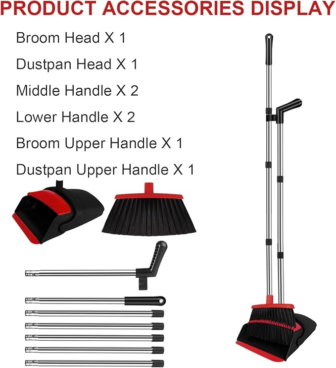 Red Broom and Dustpan Combo Set, 51" Long Handle Broom | Built-in Comb Dustpan for Pet Hair Removal, Foldable Upright Storage Design