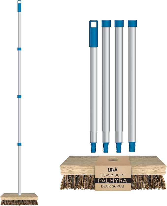 LOLA Deck Scrub Brush, 9" x 3.5" Head w/Palmyra Bristles for Outdoor Cleaning, Removes Dirt & Grime from Patios, Decks, Grout, 1 Count
