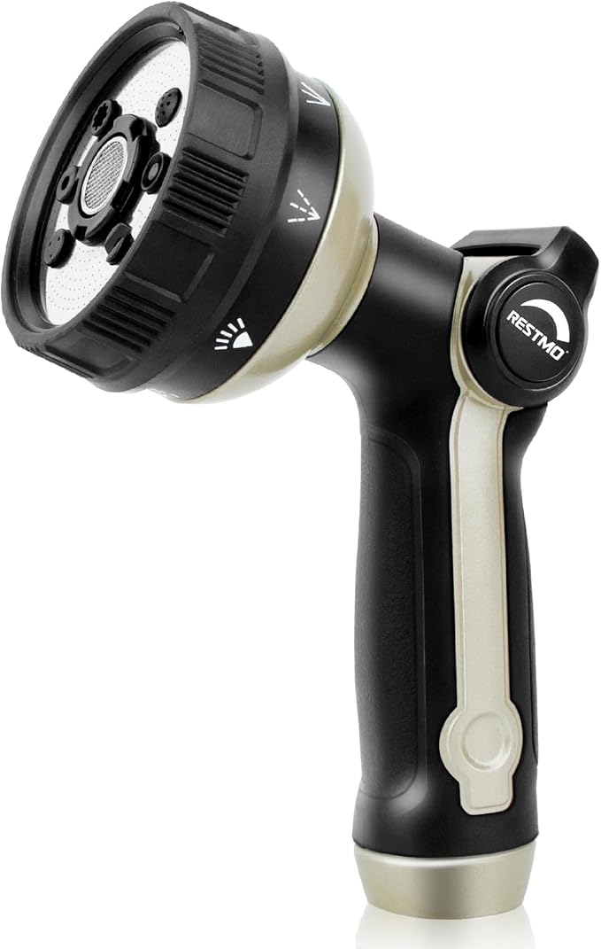 RESTMO Garden Hose Nozzle Heavy Duty, Metal Sprayer Nozzle Thumb Control | 8 Spray Patterns Full Shower Water Hose nozzle for Garden Hose, Ideal for Lawn & Plant Watering, Car & Pet Washing, Bronze