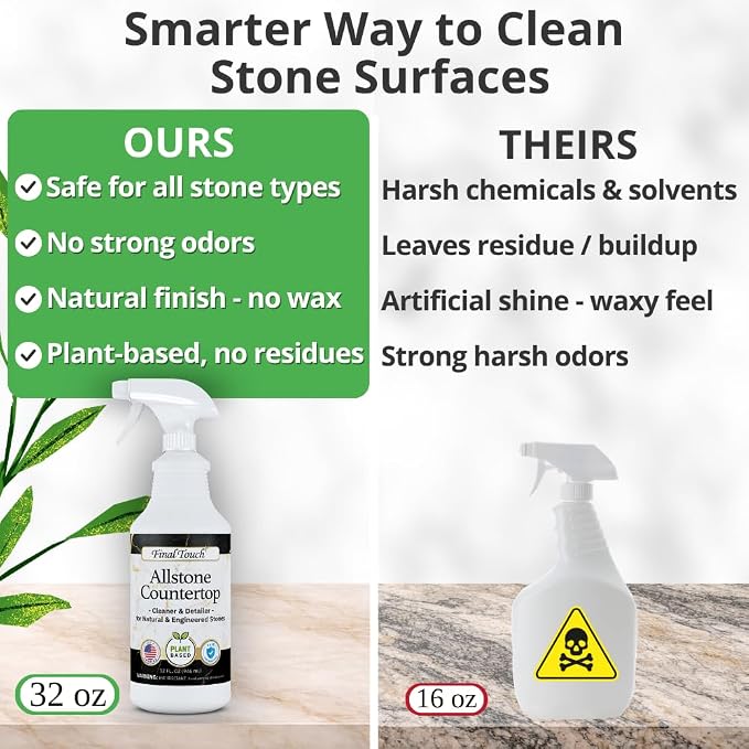 Final Touch AllStone Countertop Cleaner – Plant-Based Stone Safe Cleaning Spray with Scrub Brush – Daily Use Cleaner for Granite, Quartz, Marble, Kitchen Counters – Streak-Free Detail Clean