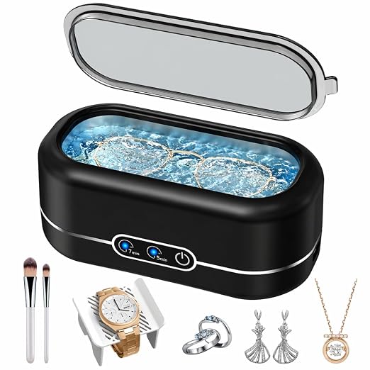 Miorcols Ultrasonic Jewelry Cleaner, 48KHz Jewelry Ultrasonic Cleaner Machine for All Jewelry, Glasses, Rings, Retainers, Watch Strap, Dentures, 304 Stainless Steel 12oz Cleaning Pod - Matte Black