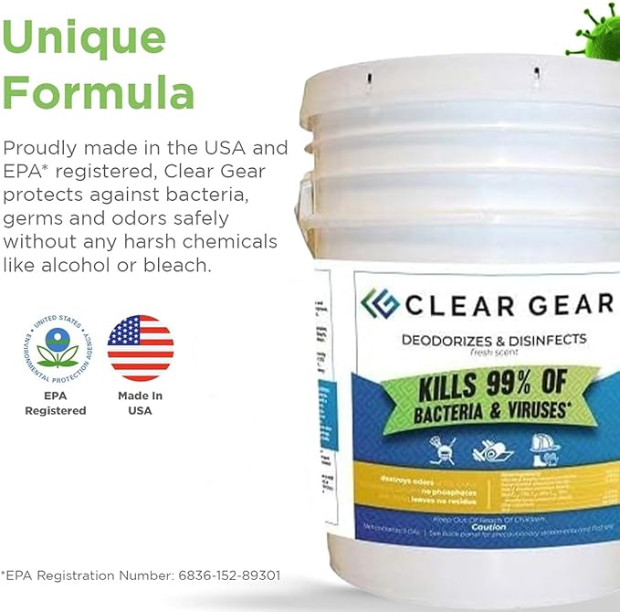 Clear Gear Disinfectant Spray, Mat Cleaner, and Deodorizer For Surfaces, Equipment, Protective Gear and Facilities - Hospital Grade Disinfectant - 5 Gallon Bulk Gym Cleaning Supplies