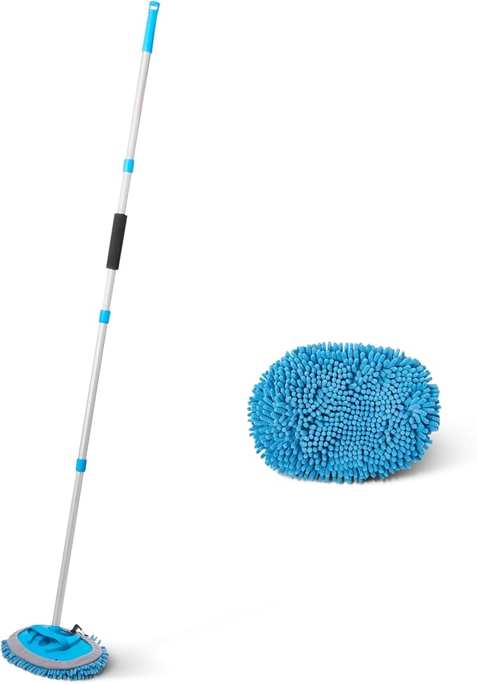 Amazon Basics Car Wash Brush with Long Handle, Scratch-Free Microfiber Mop Mitt, Swivel Head, Detachable Head, Extends to 62 inches with 4 Poles, for Car RV Truck, Blue