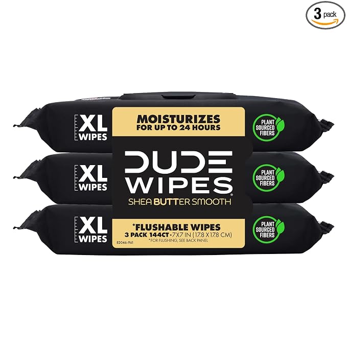 DUDE Wipes Shea BUTTer Adult Flushable Wet Wipes, Moisturizing, 144 Count | 3 packs of 48 extra large flushable butt wipes. Plastic-free wipes, 99% water, coconut oil, vitamin E and aloe. Septic safe.