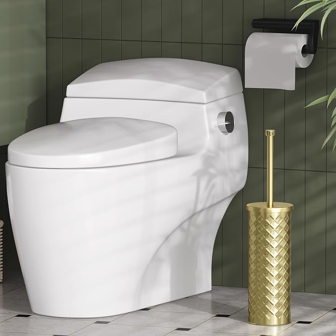 Toilet Bowl Brush and Holder Set 2 Pack with 4 Extra Brush Heads | Extra Long Handle with Splash Guard Cover, Tool-Free Installation, Bathroom Space-Saving, Cleaner Sets for Apartments, RV (Gold)