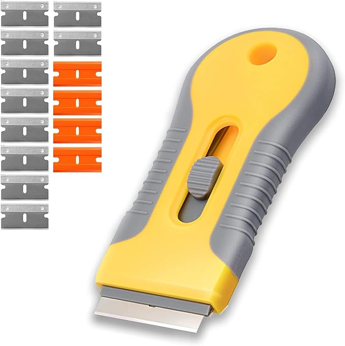 Retractable Razor Blade Scraper Tool with 15 pcs Extra Blades, Cleaning Scraper Tool for Removing Labels, Stickers, Decals, Paint from Glass and Stovetop -WEGAZ