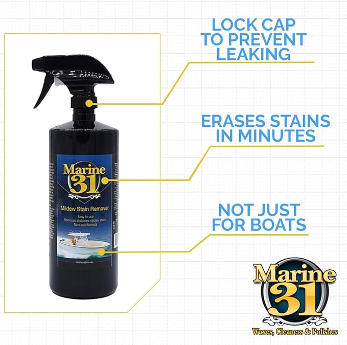 Marine 31 Mildew Stain Remover & Cleaner | Eliminates Stains from Marine, Boat, Home & Patio Surfaces | Cleans Bathrooms, Showers & More | M31-371 | 32oz