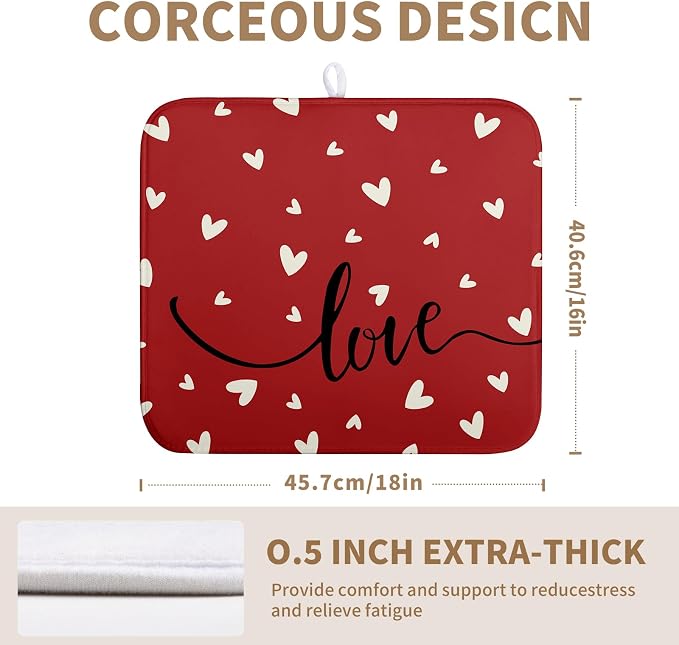 Valentines Day Dish Drying Mat 18x24 Inch Valentine Red Love Heart Drying Mats for Kitchen Counter Super Absorbent Microfiber Medium Dish Drying Pad Heat Resistant Dish Draining Rack Mat