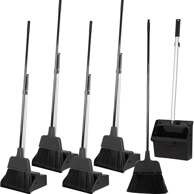 Mumufy 5 Set Lobby Dustpan with Broom Set Lobby Upright Dust Pan and Broom with Long Handle Heavy Duty Commercial Dustpan Combo for Restaurants Kitchen Office Home