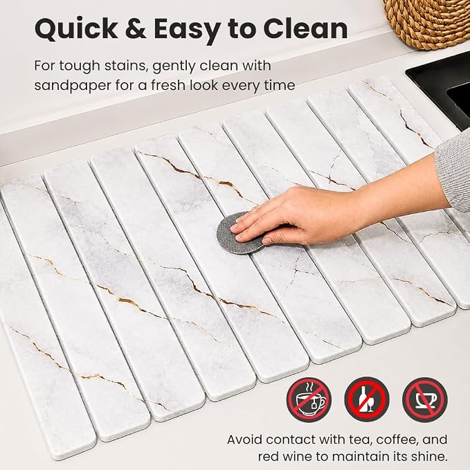 Large Stone Dish Drying Mat for Kitchen Counter, Foldable & Super Absorbent Diatomaceous Earth Drying Pad for Dishes, Cups, Bottles with Anti-Slip Mesh & Quick Dry (White Marble 24"L x 16"W)