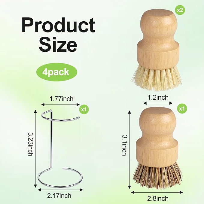 4 Pack Bamboo Dish Brush Set with Holder, 2 Sisal Dish Brushes & 1 Palm Scrub Brush, Natural Kitchen Scrub Brush for Dishes, Pots, Pans, Sink