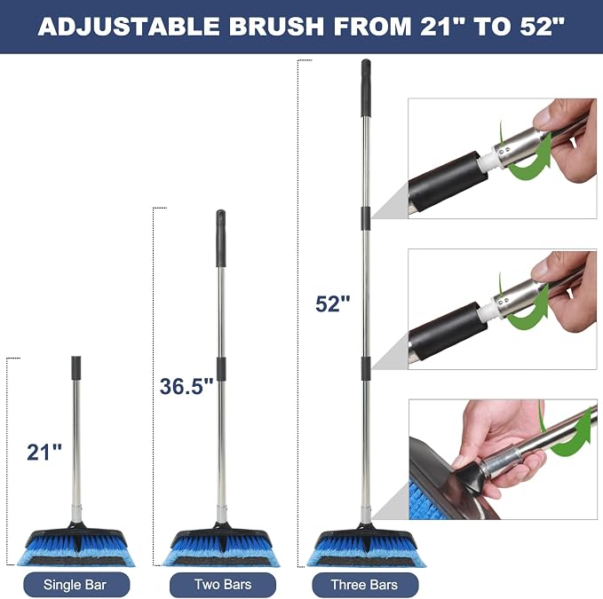 52" Car Wash Brush with Long Handle | Built-in Rubber Squeegee & Rubber Bumper | Lightweight extendable Handle | Soft Bristle Brush for Car, RV, Boat, Solar Panel, Deck Washing