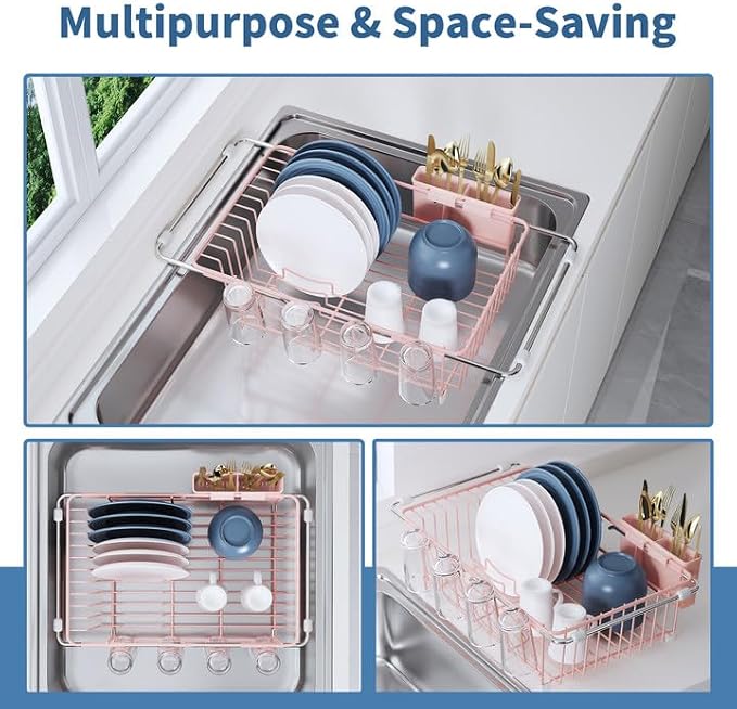 JASIWAY Pink Dish Drying Rack in Sink, Expandable Stainless Steel Dish Drainers for Kitchen Counter, Dish Dryer Rack for Inside Sink, Over The Sink Dish Racks with Utensil Holder