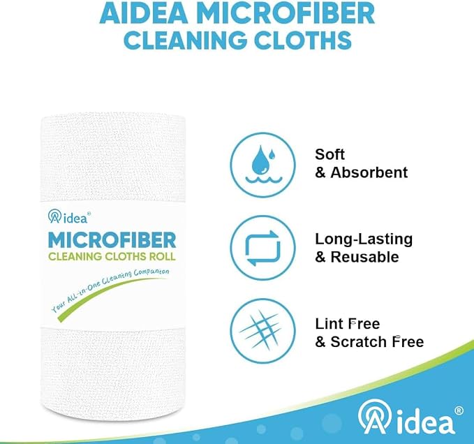 AIDEA White Microfiber Cleaning Cloth-330 Sheets 6 Roll, Shop Rags 11×9" | Reusable Paper Towels, White Shop Towels, Cleaning Rags for Automotive, Mechanic, Workshops, House, Car Cleaning Supplies