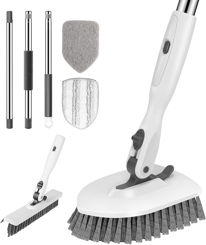SetSail Tile Tub Floor Scrubber with V-Shaped Grout Brush, White Grey | with 3 Detachable Replacement Brush Head, Multi-Angle Cleaning Locks at 45°, 90°, 180° for Bathroom Kitchen Walls Tub Tile