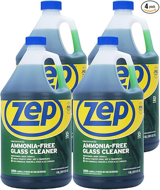 Zep Ammonia Free Glass Cleaner Concentrate - 1 Gallon (Case of 4) ZU1052128 - Professional Grade Formula Removes Dirt, Fingerprints, and Grime from Windows, Mirrors, Acrylic Surfaces, and Tinted Glass
