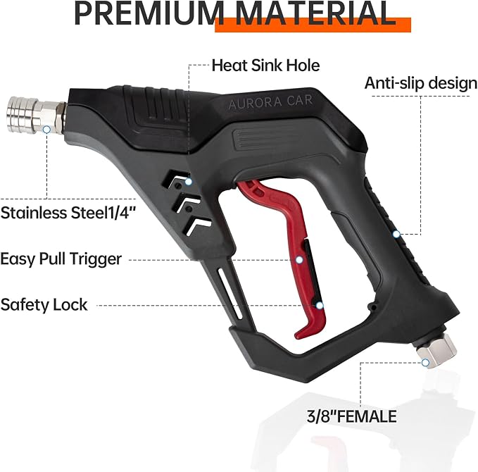 AURORA CAR Pressure Washer Short Gun, Commercial 5000 PSI 12 GPM, 1/4" QC | with 5 Spray Nozzle Tips, 3/8" Quick Connect Plug and M22-14/15mm Fittings, Power Washer Gun Compatible with Foam Cannon