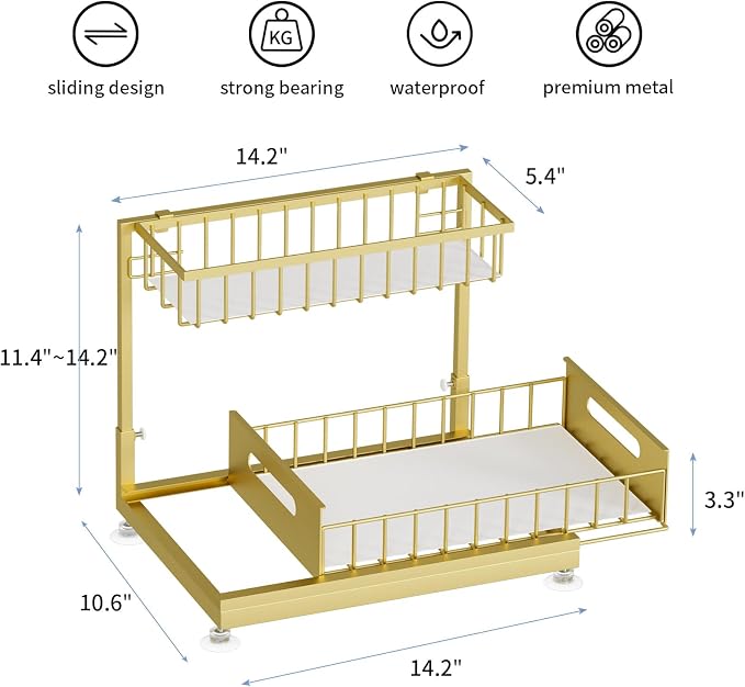 Saydear 2-Pack L-Shaped Under Sink Organizer, 2-Tier Pull-out Cabinet Rack | Gold Height-Adjustable Steel Rack, Sliding Grid Drawers with PP Liners, Holds 100 Lbs, Suction Base, Ideal Kitchen Storage
