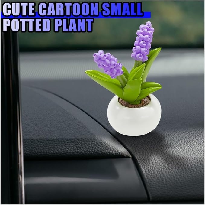 Mini Flower Car Dashboard Decoration - Cute Potted Plant Resin Figurines Car Desk Center Console Decoration - Aesthetic Auto Interior Ornament Accessories Funny Presents for Women (Hyacinth)