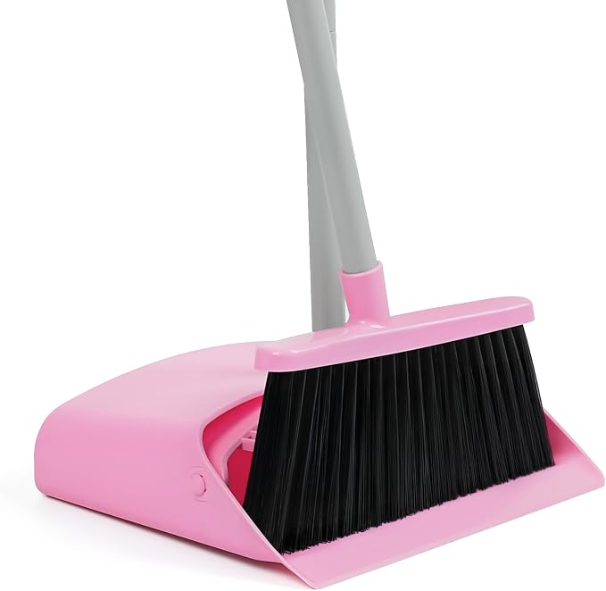 REEWII Pink Broom and Dustpan Set,58” Long Adjustable Handle Small Broom with Stand up Dustpan Combo Set with Dust Pan Teeth,for Indoor Home Office Floor Cleaning