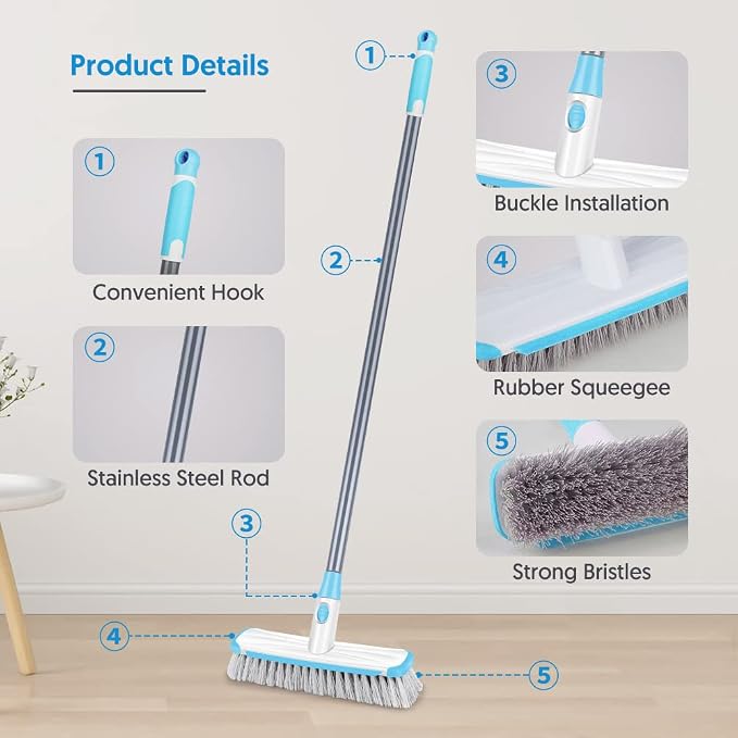 Floor Scrubber with Long Handle, 2 in 1 Scrubbing Brush Stiff Bristle Shower Cleaning Brush for Bathroom, Kitchen, Tub, Carpet, Grout, Tile(Blue)