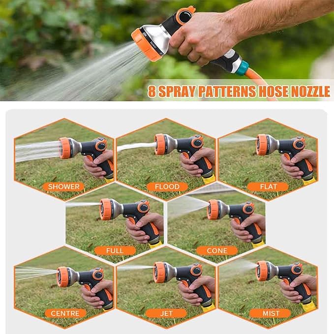 Garden Hose Nozzle Heavy Duty, High Pressure Adjustable 8 Patterns | Metal Water Hose Nozzle Volume Control Valve Attachment Hose Sprayer Nozzle for Outdoor Garden Watering Car Washing