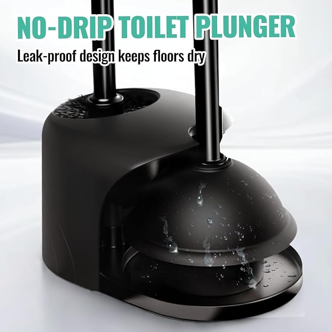 FORASTO 4 in 1 Toilet Brush and Plunger Set, Long Handle Combo, 2 Pack | Dark black bathroom cleaning tools with holder. Includes crevice brush for deep toilet bowl scrubbing.