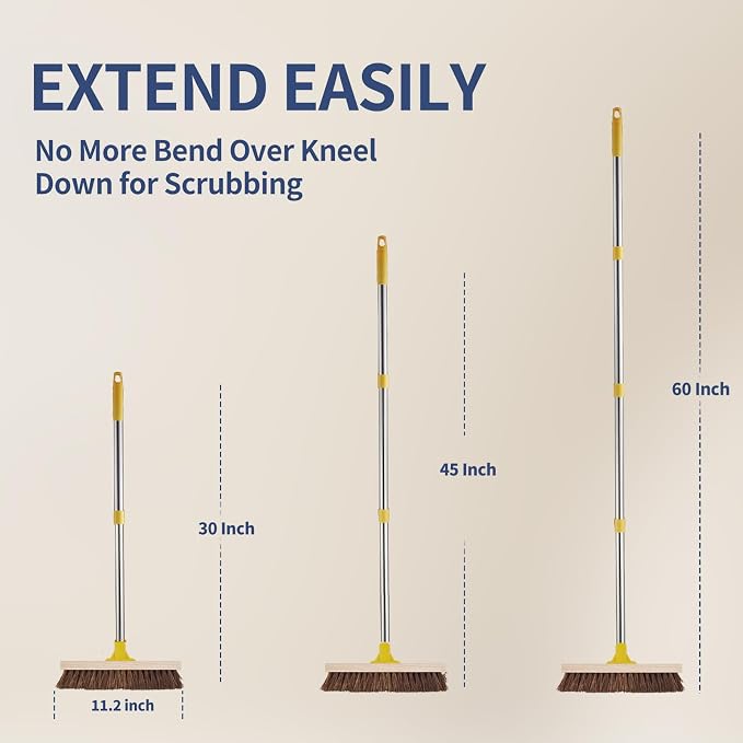 NICOFPHY Heavy Duty Floor Scrub Brush with Long Handle for Outdoor Cleaning | Deck Brush with Stiff Natural Palmyra Bristle, Floor Scrubber Brushes for Cleaning Concrete Floor, Garden, Patio, Shower
