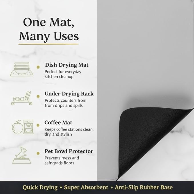 Dish Drying Mat Super Absorbent – 17" x 31" Coffee Mat for Countertops – Non-Slip Drying Mat for Kitchen Counter – Easy to Clean Water Absorbent Mat – XLarge Dish Drying Mats (Lite Gray)